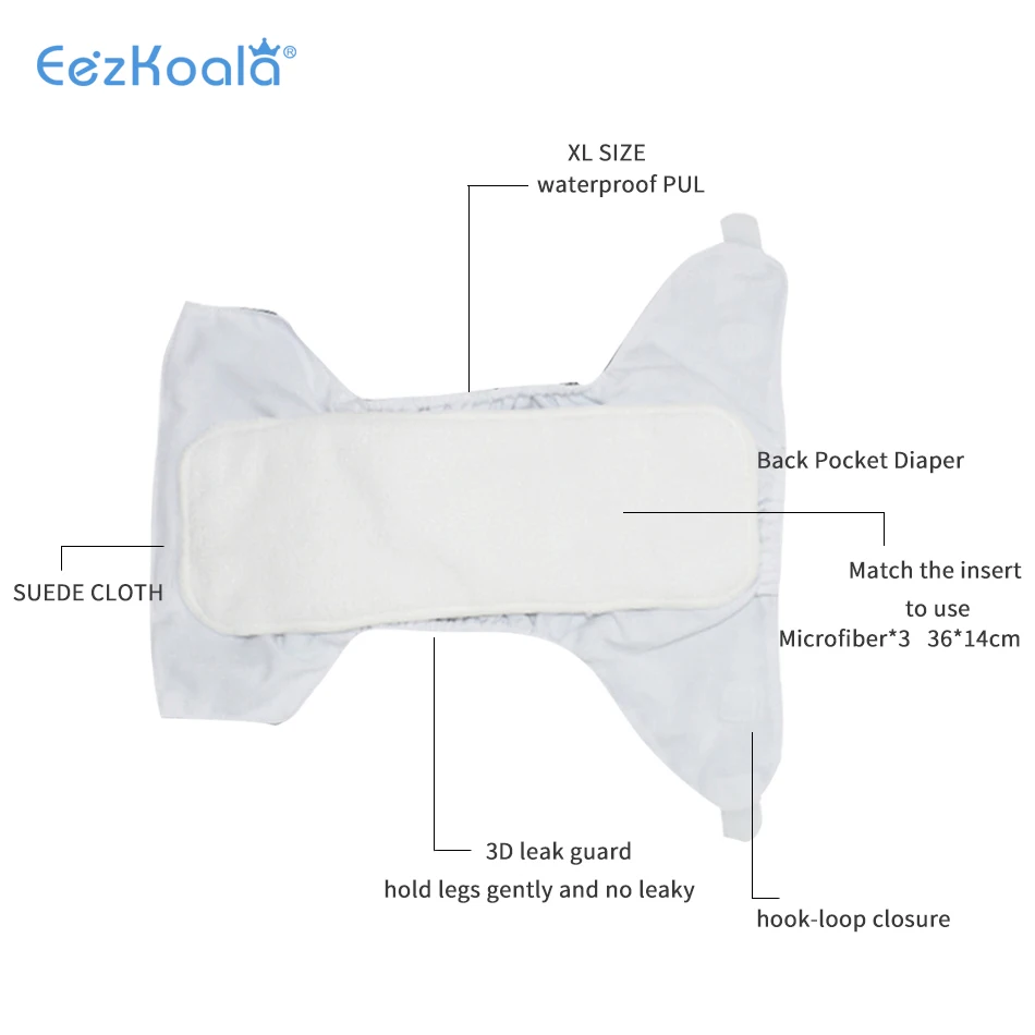 EezKoala Eco-Friendly Big Size XL Cloth Diaper Washable  Adjustable Nappies Reusable  Cloth Diapers Cover Fit 2-5 Years Baby