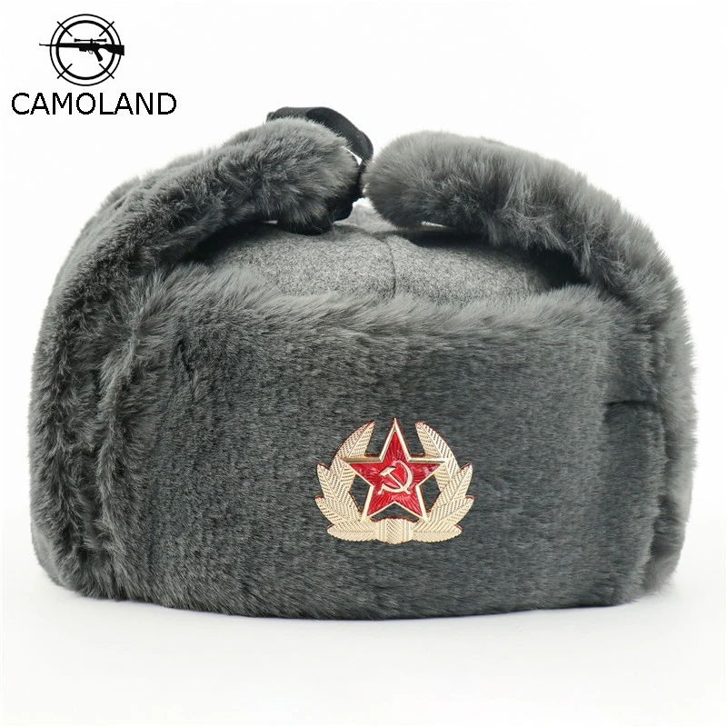 Soviet Army Military Badge Russia Ushanka Bomber Hats Pilot Trapper trooper Hat Winter Faux Rabbit Fur Earflap Men Snow Caps