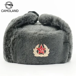 Soviet Army Military Badge Russia Ushanka Bomber Hats Pilot Trapper trooper Hat Winter Faux Rabbit Fur Earflap Men Snow Caps