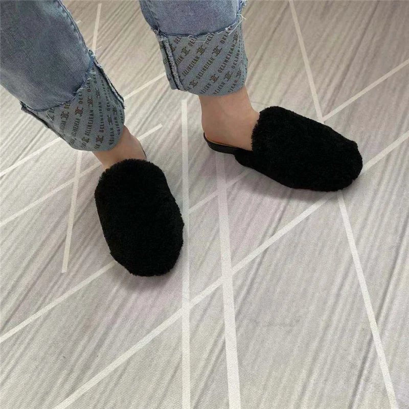 2021 New Fashion Spring Summer Women\'s Fur Mules Round Toe Lamb Wool Slippers Baotou Flat Heels Half Slippers