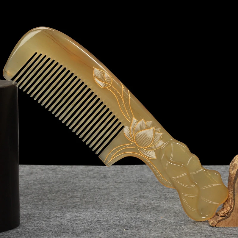 Fine Carved Horn Comb Anti-Static U-shaped Tooth Natural Material with Handle for All Hair Type Gifts for Men and Women