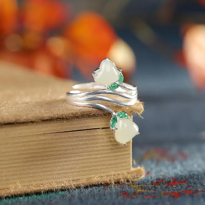 Silver Inlaid Natural Hetian White Jade Winding Flower Opening Adjustable Ring Chinese Retro Fresh Little Fairy Brand Jewelry