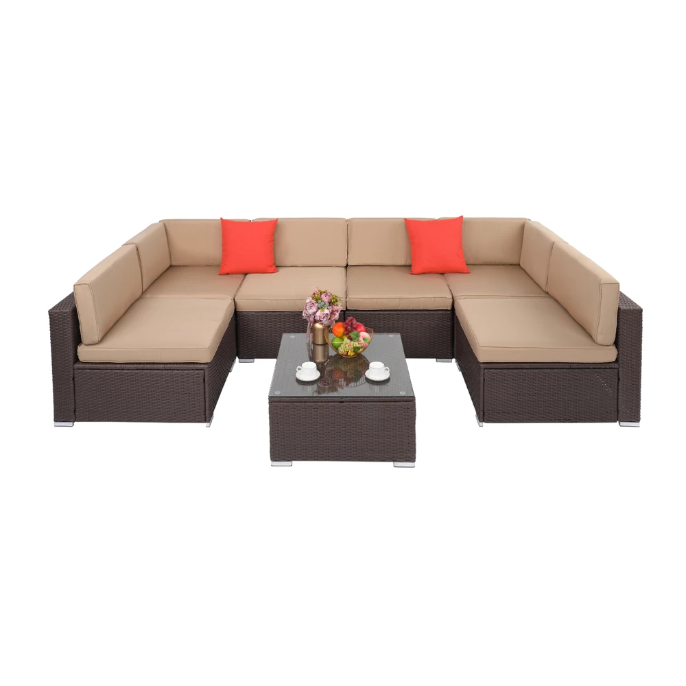 7Pcs Outdoor Patio Furniture Set 2 Corners 4 No Armrests Sofa 1 Square Coffee Table Dark Brown Pattern Rattan Khaki Cushion