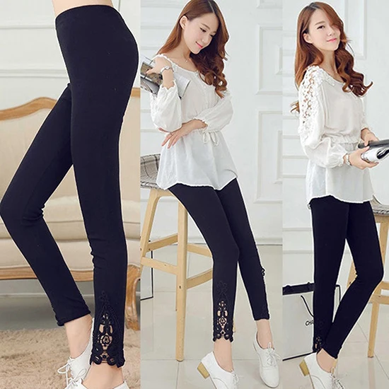 Women Lace Flower Fitness Pant Leggings Slim Elastic Ankle Length Trousers