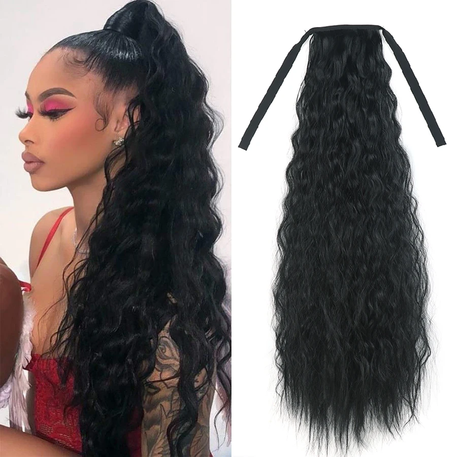 

Natural Black Water Wave Curly Ponytail Hair Extension with Clips in False Pigtail Ribbon for Hair Extensions