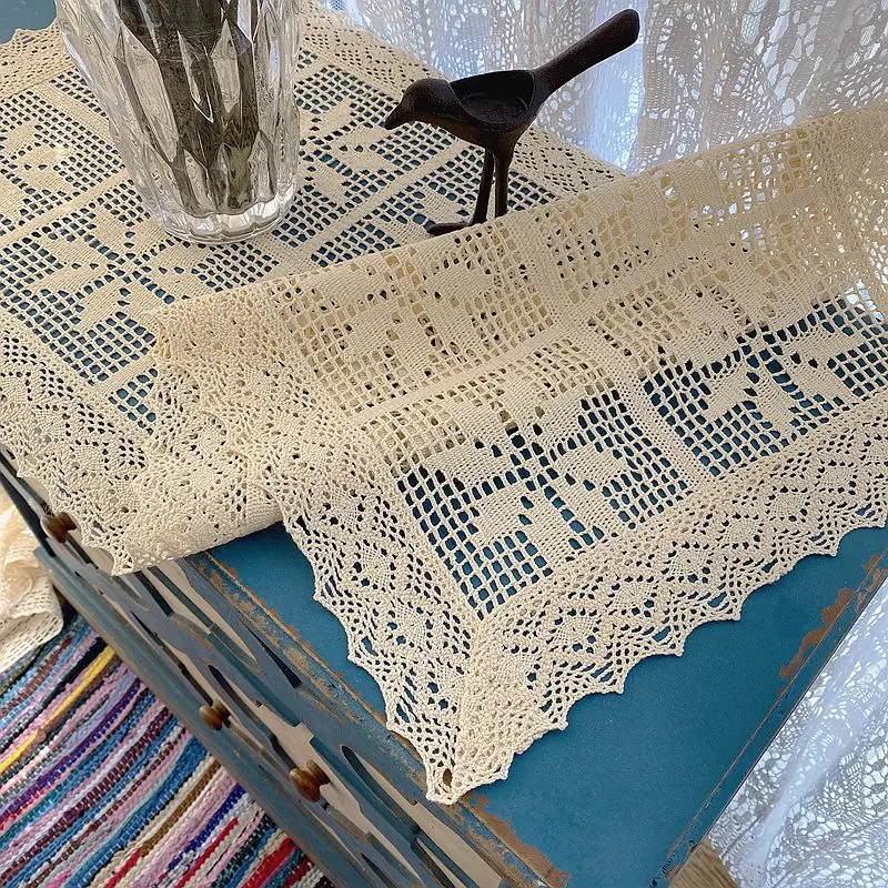 Crochet Cotton Linen Blending Table Runner Retro Style Cotton Woven Lace Edge Tablecloth Side Table Table Cover Cabinet Cover