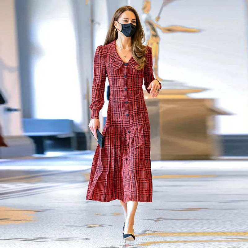 

Kate Middleton Plus Size High Quality New Fashion Elegant Office Lady Workplace Long Sleeve Red Printing Dress