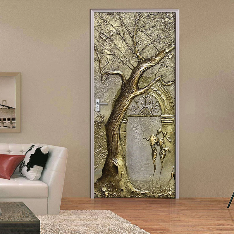 PVC Self-adhesive Door Sticker 3D Golden Tree Couples Art 3D Photo Wallpaper Mural Living Room Bedroom Door Decoration Stickers