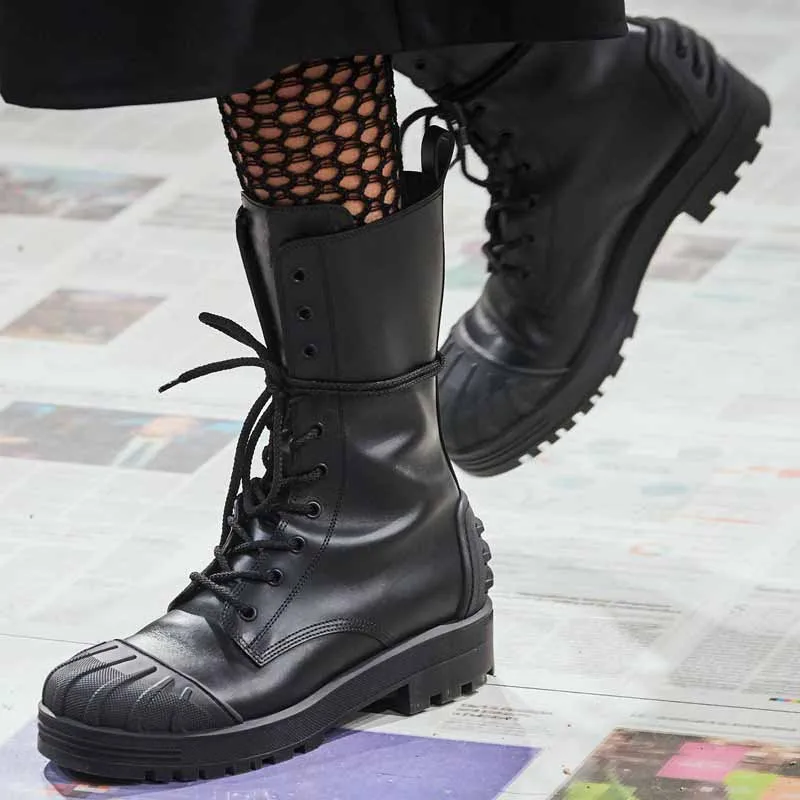 Western Fashion Bandage Lace Up Boots Low Chunky Heels Woman Runway Boots Cow Leather Round toe Motorcycle Boots