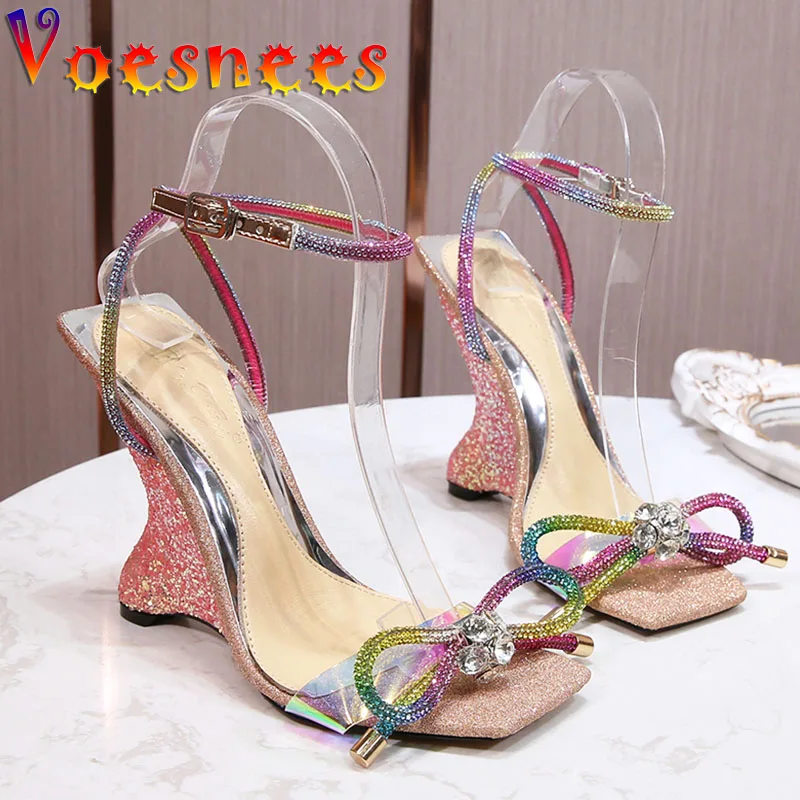 Voesnees Women Shoes 2021 New Sparkling Square End Sandal Diamond Bow Transparent Summer Fashion Mixed Colors High Heel Shoes