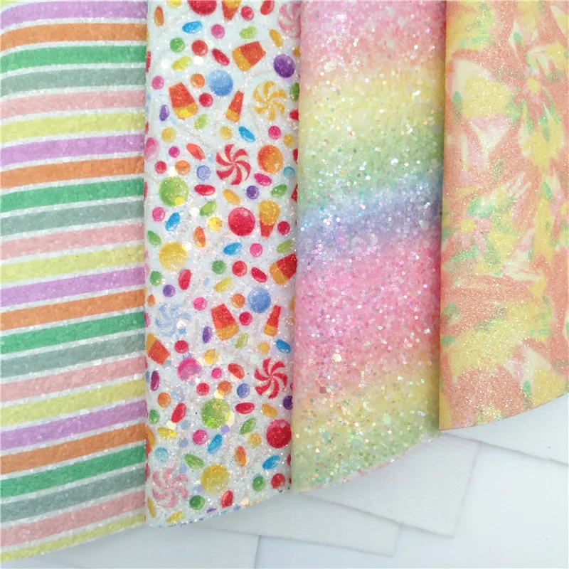 4PCS/SET Candies Stripes Printed Glitter Vinyl Fabric Matching with Rainbow Glitter Faux Leather For Bows Earrings 21X29CM Q218