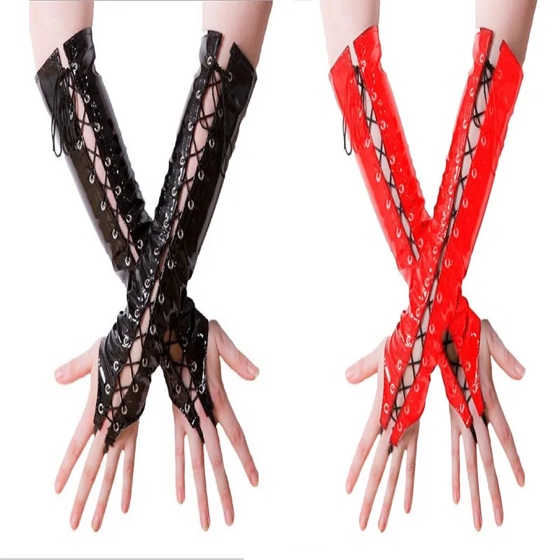 Sexy Long Black Red PVC Women Gloves Ladies Fetish Faux Leather Black Lacing Gloves Clubwear Sexy Cosplay Costumes