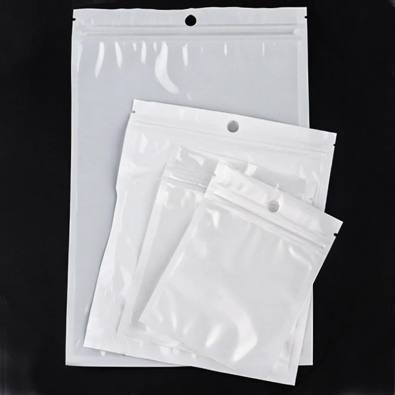 20-50pcs/lot White Clear Self Seal Zipper Plastic Zip Lock Bags Jewelry Packaging Pack Storage Package Poly Bag With Hang Hole