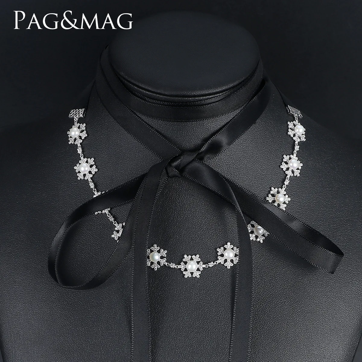 

PAG & MAG S925 pure silver natural fresh water pearl creative new silk ribbon fabric women's Necklace