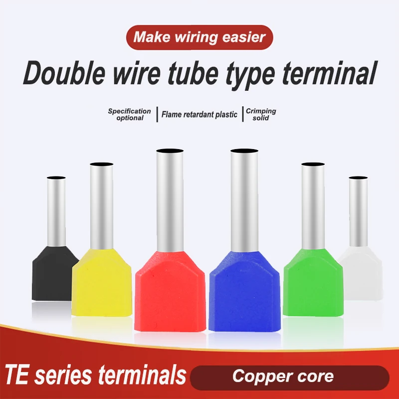 1000pcs/Pack TE0508 TE7508 TE1008 TE1508 TE2508 TE6014 Insulated Copper Cord Double Wire Connector Tube Type Tubular Terminal