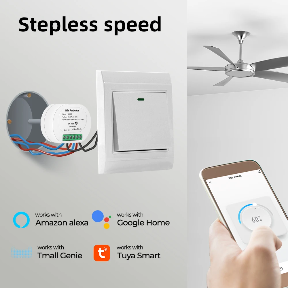 SMATRUL Tuya Wifi Smart Ceiling Fan Speed Switch EU 220V Mini Wall On Off Module Remote Electric Control For Alexa Google Home