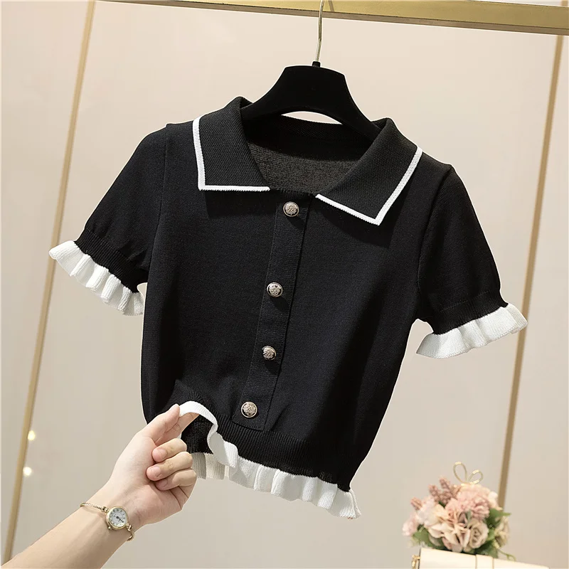 Knitting Button Short Tops Tees Patchwork Y2k Shirt Clothing Women Pullovers Jumper Striped Sweater Fungus Blouse For Girls