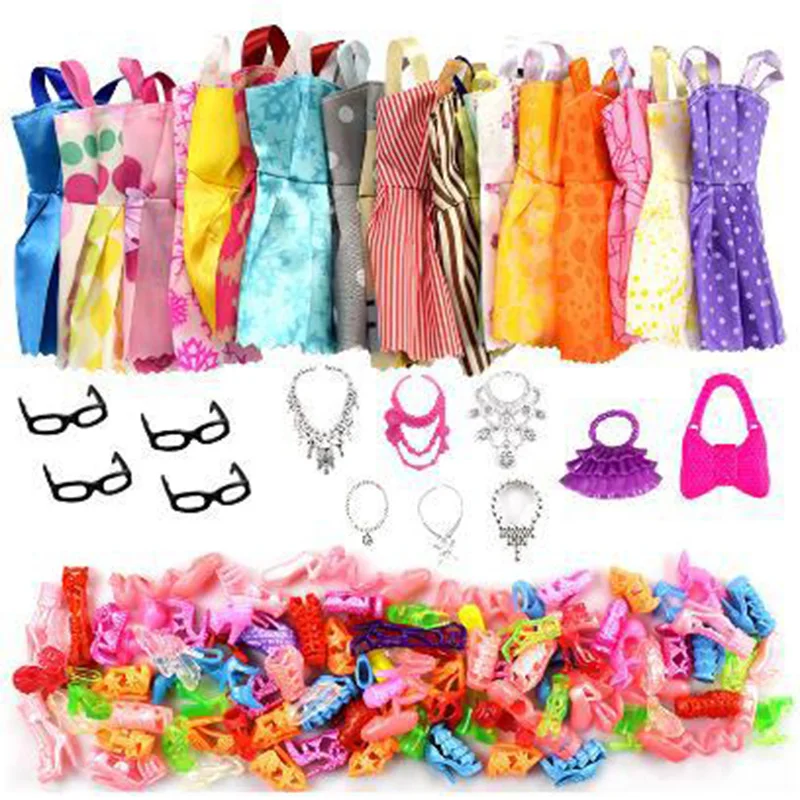 32pcs/set Doll Accessories 10 Mix Fashion skirts + 4 Glasses+ 6 Necklaces+2 Handbag+ 10 Shoes Doll Dress Clothes For Doll