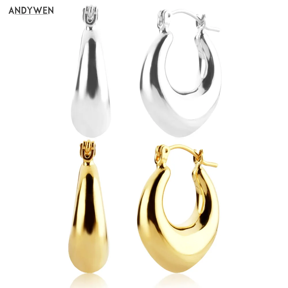 

ANDYWEN New 925 Sterling Silver Gold Big Hollow Rock Punk Earring Piercing Pendientes Luxury 2021 Party Clips Loops Huggies