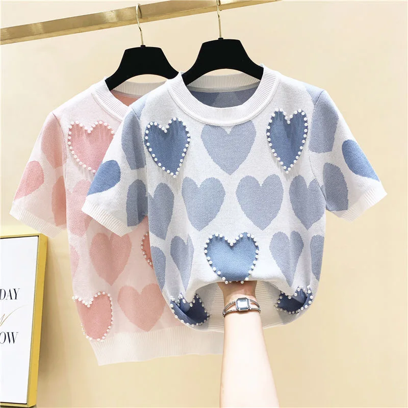 Plus Size 5XL Summer Short Sleeve Love Jacquard Knitted Tops Women's O-Neck Korean Beaded Pearl T-shirt Elegant Knitwear Tees