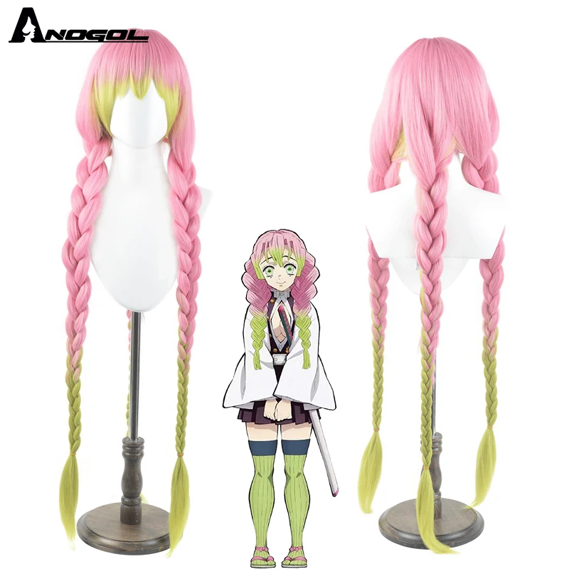 ANOGOL Synthetic Kanroji Mitsuri Cosplay Wigs Anime Demon Slayer Costume Role Play Party Lolita Pink Mix Green Long Braids Wig