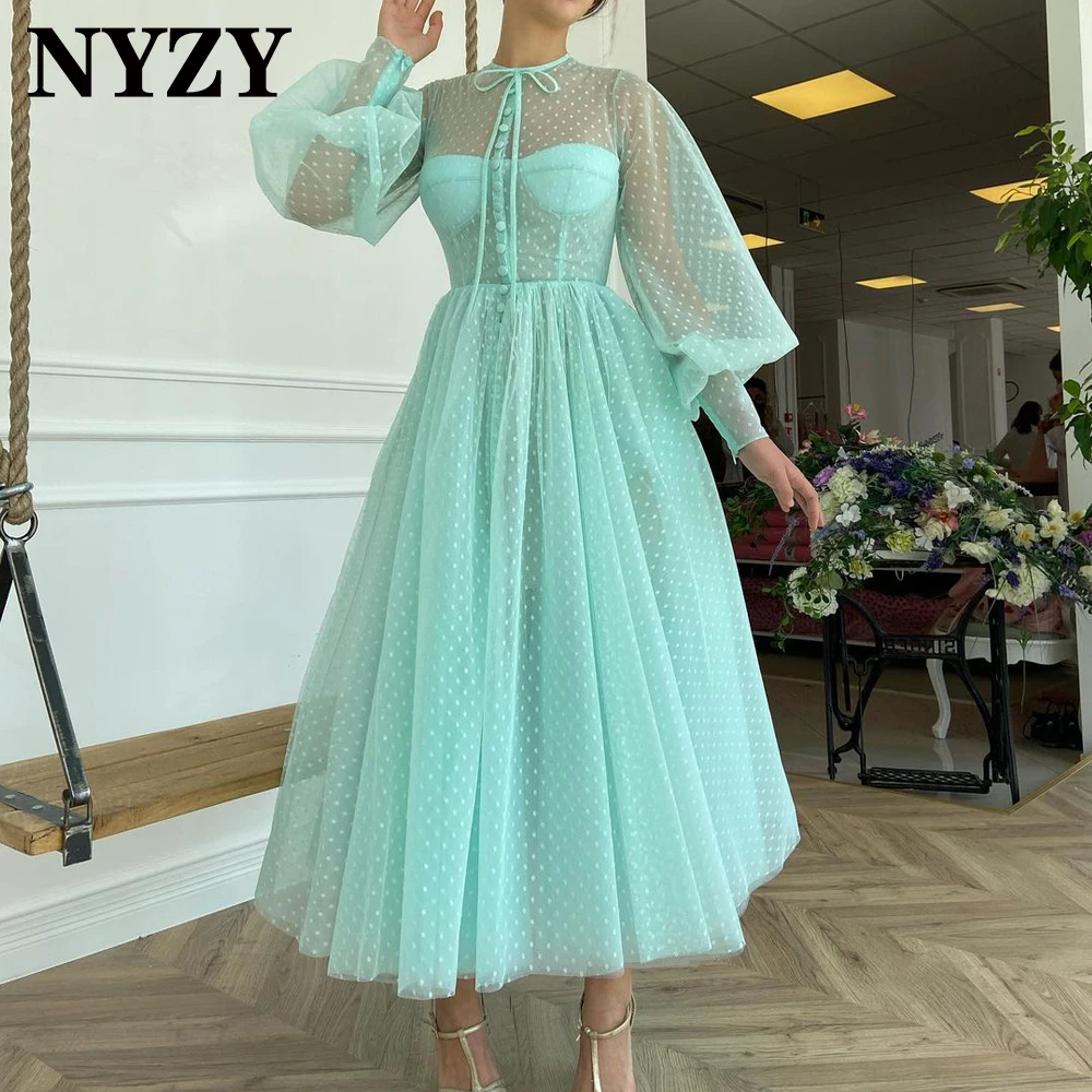 

NYZY New Arrival Dots Tulle Long Sleeves Short Prom Dresses 2021 Party Dress Cocktail Graduation Homecoming Evening Gowns