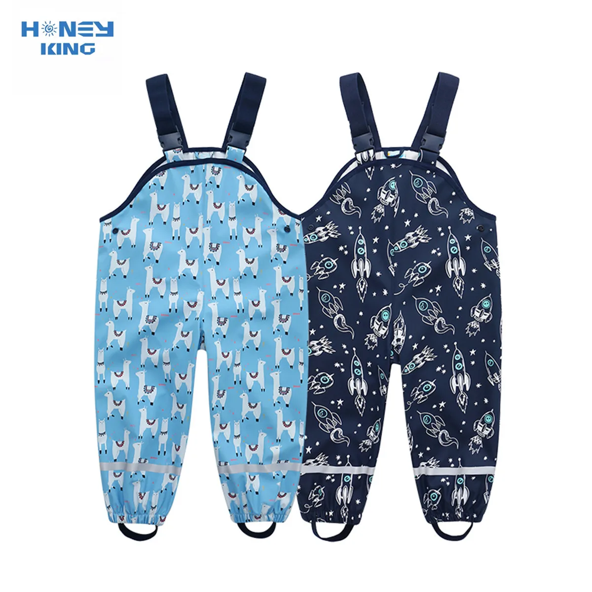 HONEYKING Children\'s PU Waterproof Rain Pants Toddler Baby Boys Girls Jumpsuit Rompers Kids Rain Overalls Suspenders Pants