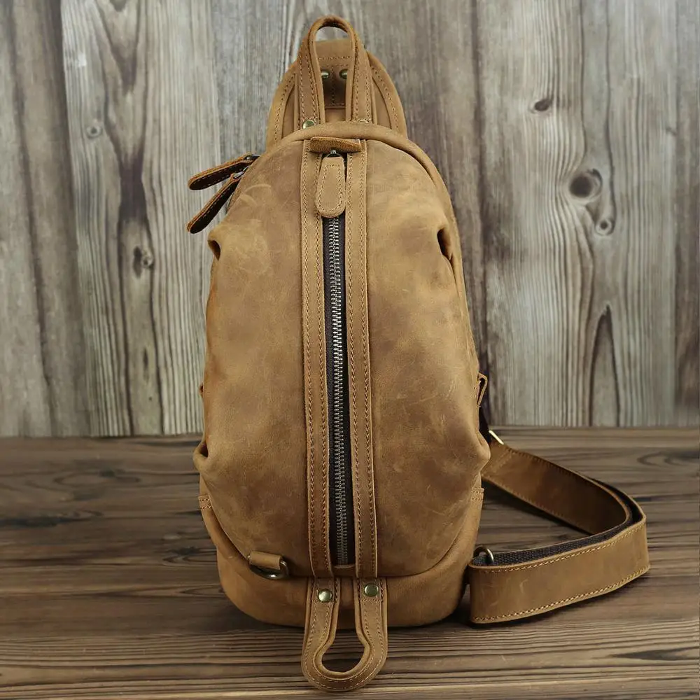 Leather Chest Bag for men male single shoulder bag cowhide crazy horse leather chest packs crossbody sling bag vintage