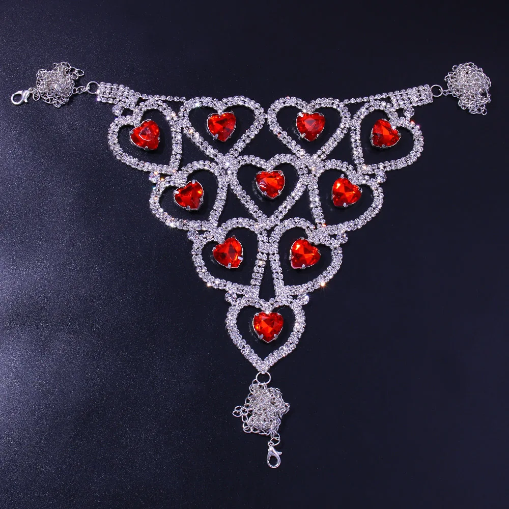 Shiny Rhinestone Red Heart Waist Round Thong Panties Body Jewelry for Women Luxury Crystal Bralette Body Chain Bra and Thong Set