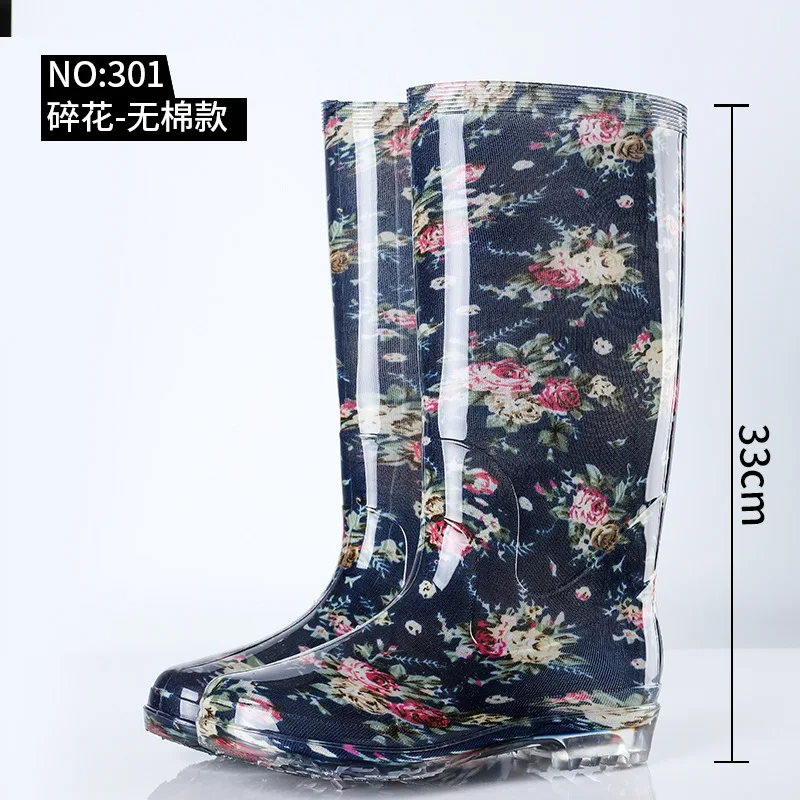 Woman Fashion Floral PVC Rain Boots Mid-calf Garden Cooker Warm Women Shoes Waterproof Mature Motorcycle Rubber Shoes