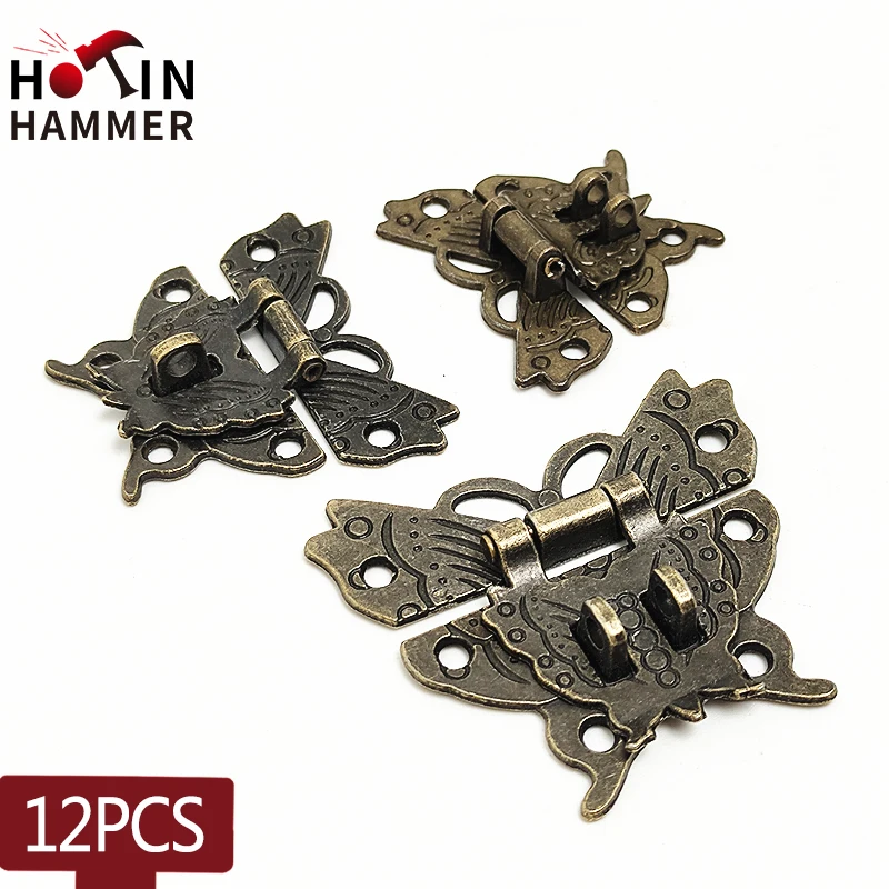 12pcs Butterfly Design  Design Antique Bronze Hasp Jewelry Wooden Box Lock Cabinet Buckle Case Locks Handle Hardware Accessory