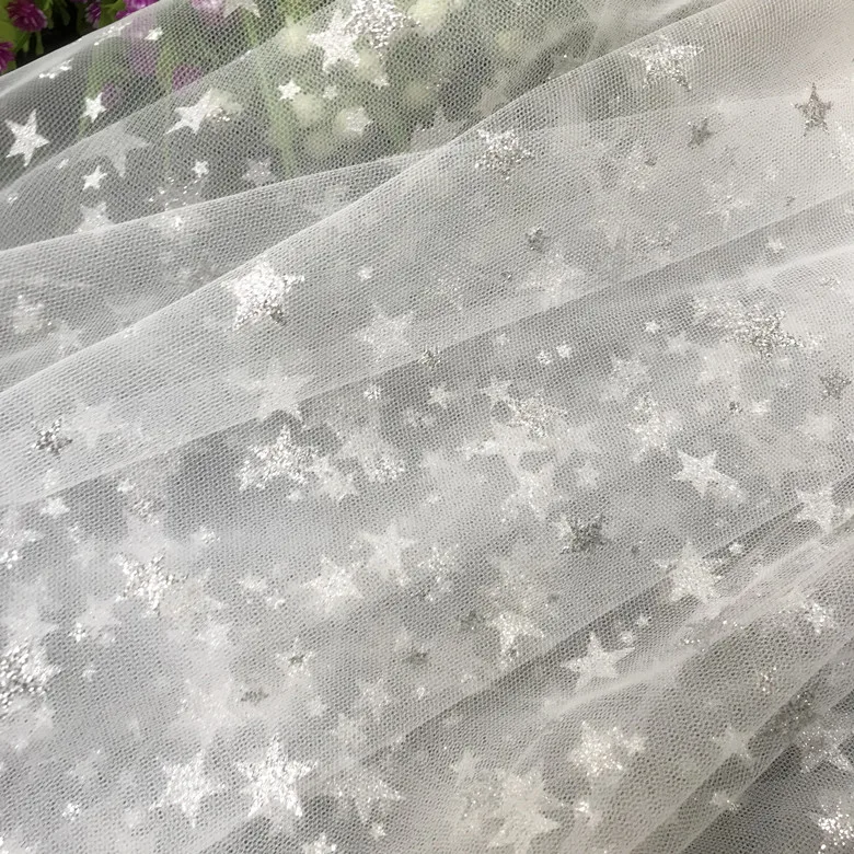 150cm wide golden/silver shiny stars tulle fabirc mesh lace fabric wedding dress stage clothes decoration fabric SC577