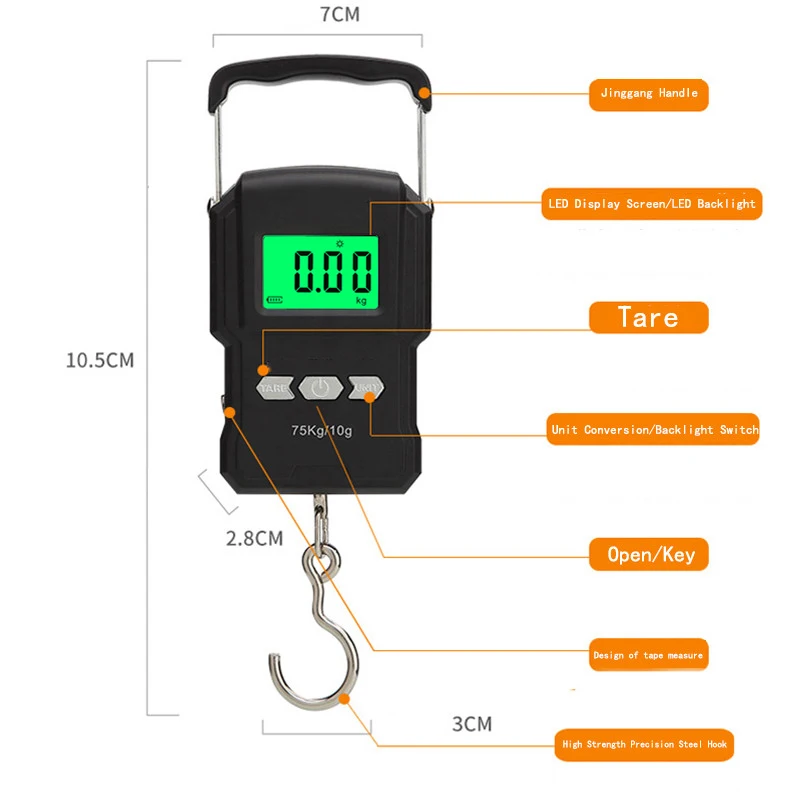 Black Electronic Weighing Digital Scale Rechargeable LCD 75Kg 10g Luggage Scale Hanging Hook Fishing Scale with Measuring Tape