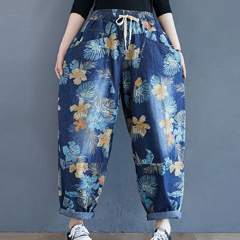 Women Casual Denim Harem Pants New Arrival 2020 Autumn Streetwear Vintage Print Elastic Waist Loose Casual Boyfriend Jeans S2550