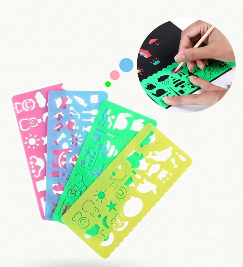 Magic Color Rainbow Scratch Art Paper Card Set with Graffiti Stencil for Drawing Stick DIY Art Painting Toy for Children GYH