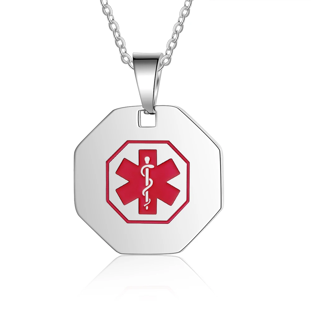 Personalized Medical Alert Necklaces Octagon Pendant Stainless Steel Tag Engraving  Jewelry Emergency Customized Gift for Men