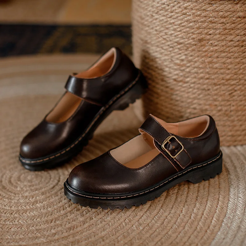 Brown Leather Vintage Nostalgia Buckle Platform Mary Janes Shoes Women Shallow Student Thick Bottom Cowhide Black Loafers