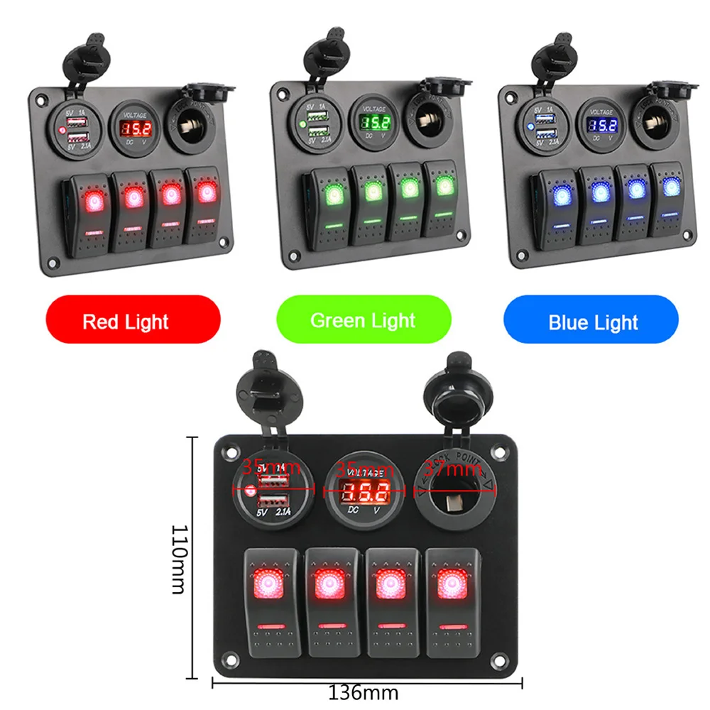 For Car RV Camper Caravans 4 Gang LED Rocker Switch Panel Aluminum Panel Circuit Breaker Digital Voltmeter Dual USB Port