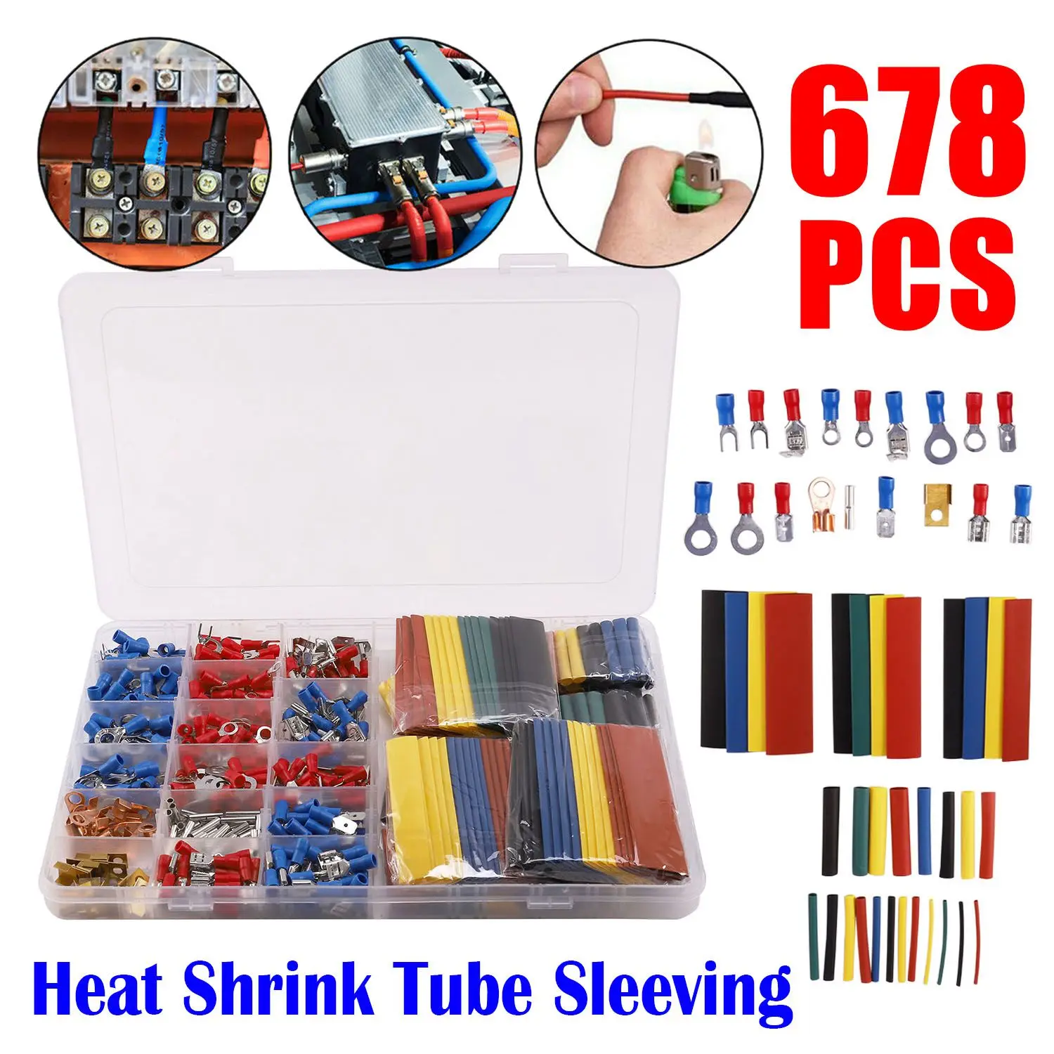 

678 Pcs Heat Shrink Tube Sleeving Set Car Electrical Wire Terminals Insulated Crimp Connectors Spade Set Kit with Plastic Box