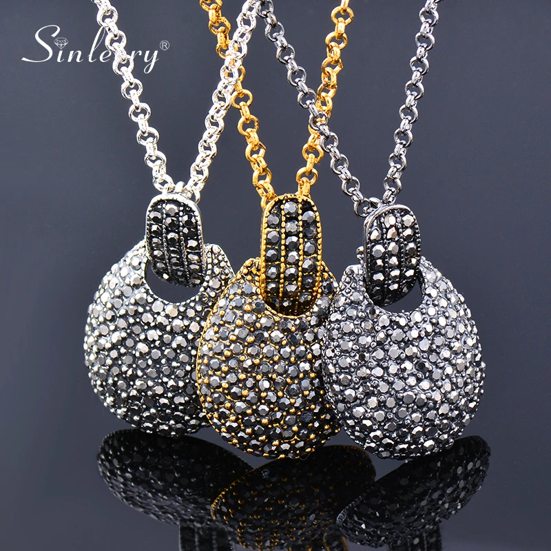 SINLEERY Vintage Full Cubic Zirconia Pendant Necklace Antique Gold Silver Color Chain Necklace Women Jewelry XL650