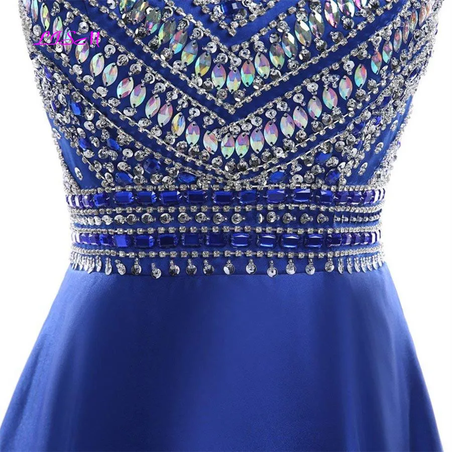 Royal Blue Crystals Prom Dresses 2022 A-lijn Mouwloos Party Jurk Met Zakken O-hals Kralen Satin Lange Formele Avondjurken