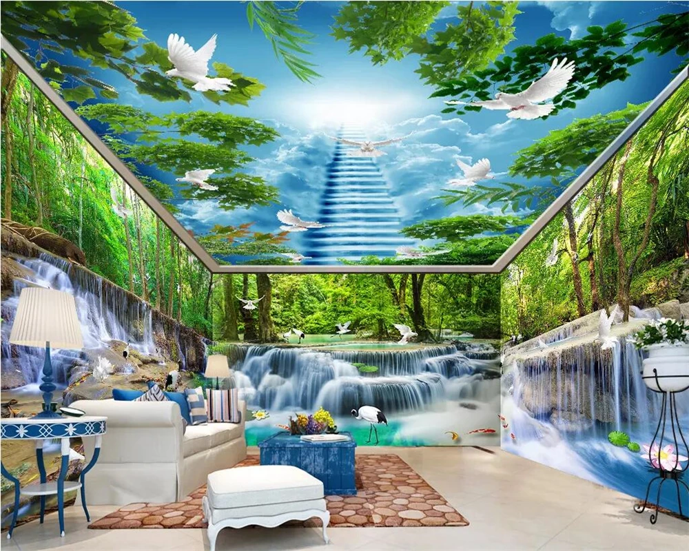 

WELLYU 3D Custom wallpaper waterfall water forest crane crane white pigeon whole house background wall painting 3D wallpaper