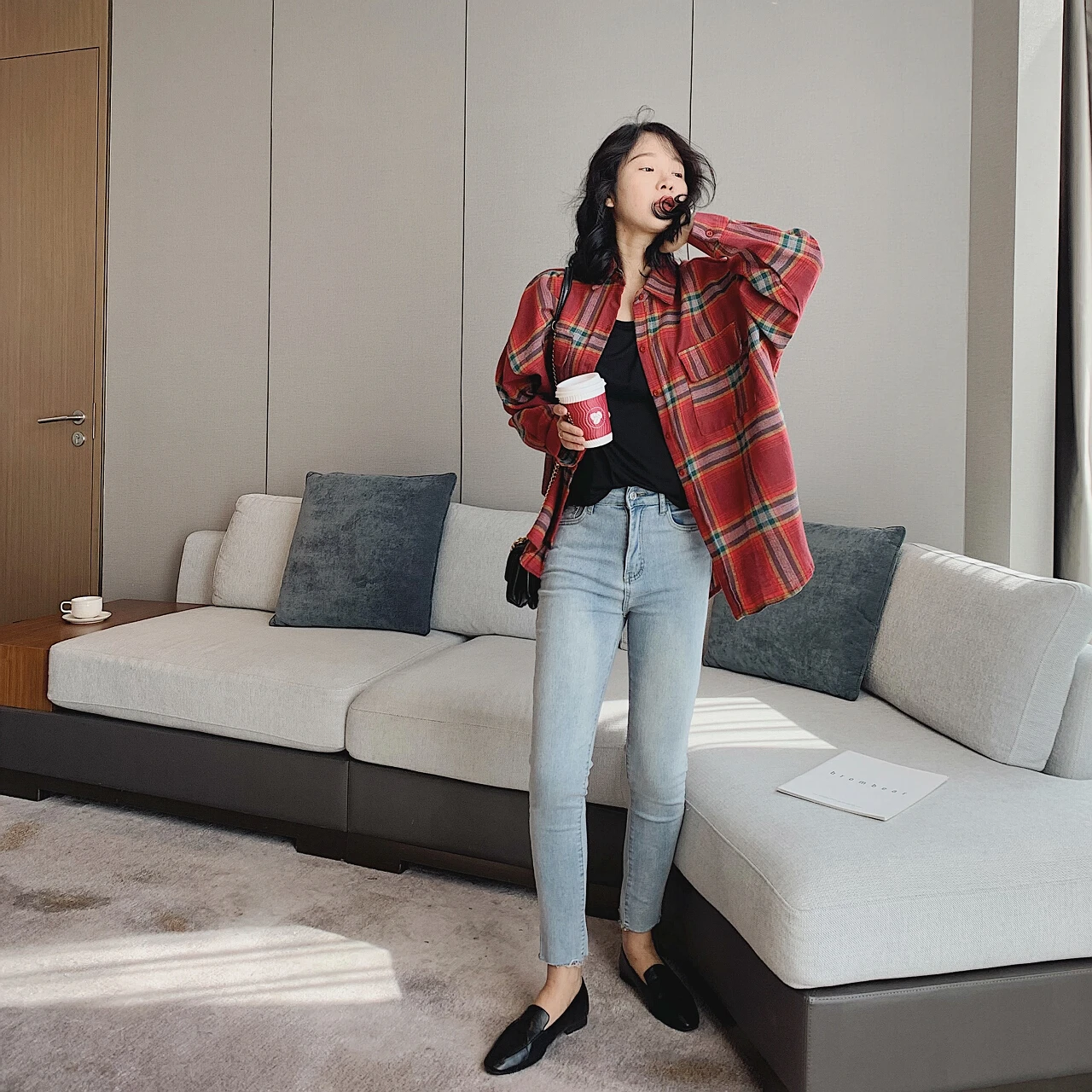 2023 Women Red Plaid Checkered Shirt Blouse Top New Woman Sweater Clothing Elegant Tunic Dress Oversize Long Sleeve Korean Sprin