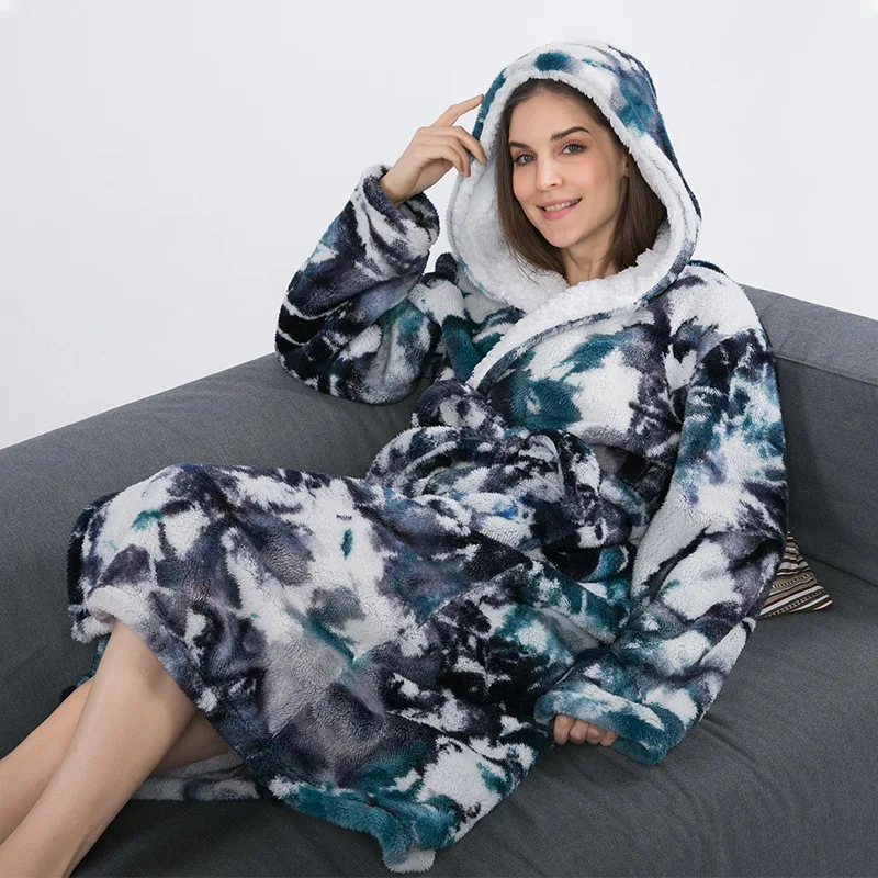 Women Thicken Flannel Robe Winter Warm Kimono Gown Sleepwear Casual Nightwear Coral Fleece Bathrobe Nightdress Tie dye Nightgown