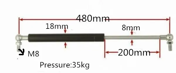 35KG Force 200mm Long Stroke M8 Ball End Lift Support Auto Gas Spring 480mm Central Distance 480*200mm