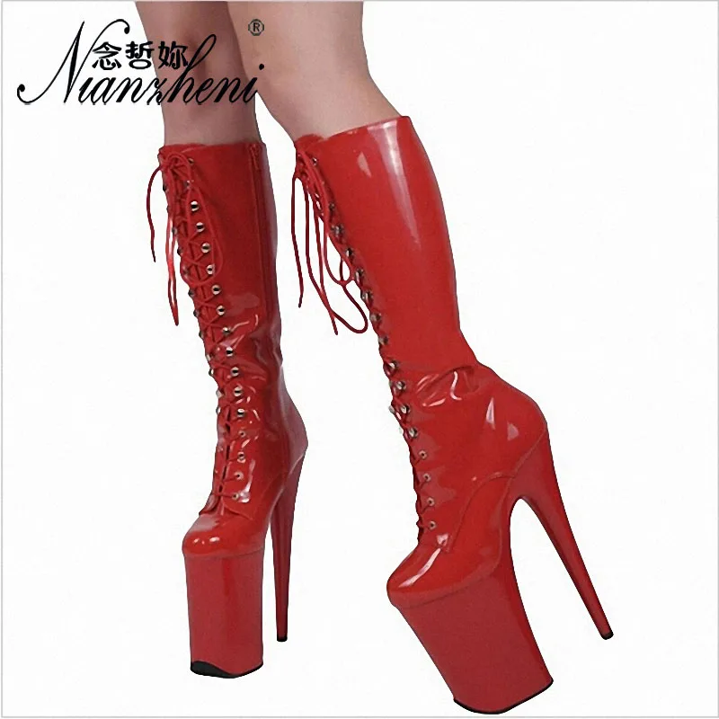 Sexy Fetish Motorcycle Lace Up Platform 20cm Stripper Pole Dance Shoes 9Inch High Heels  Exotic Dancer mid calf high Boots Queen