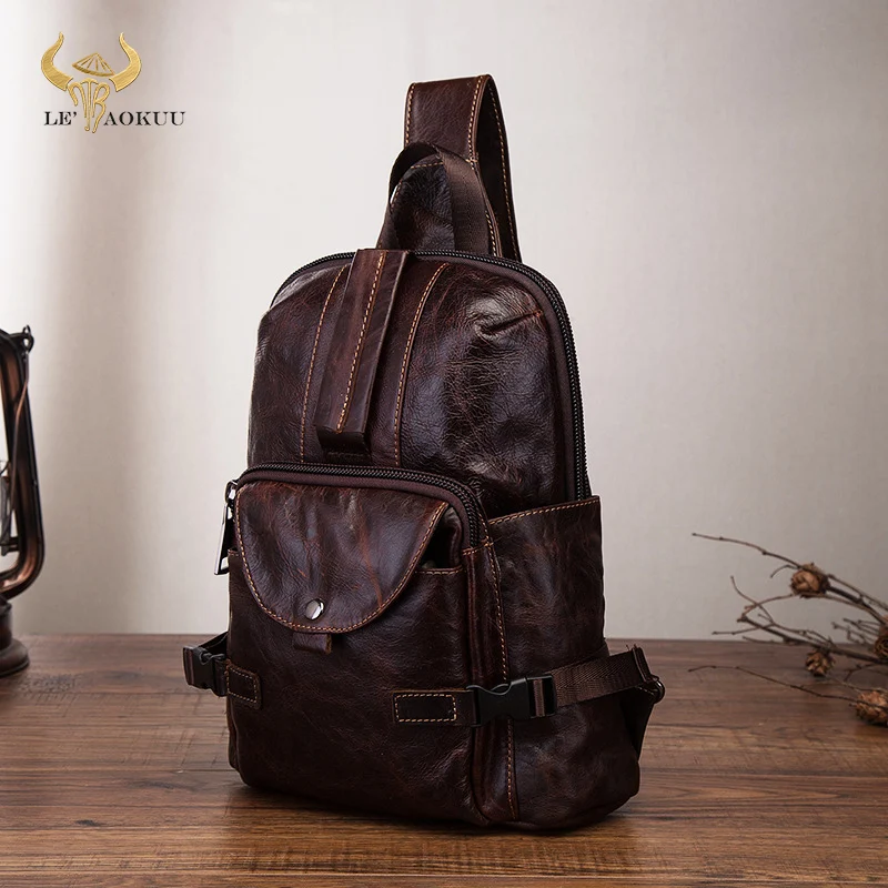 Original Leather Men Casual Fashion Travel Triangle Chest Sling Bag Coffee Design 10