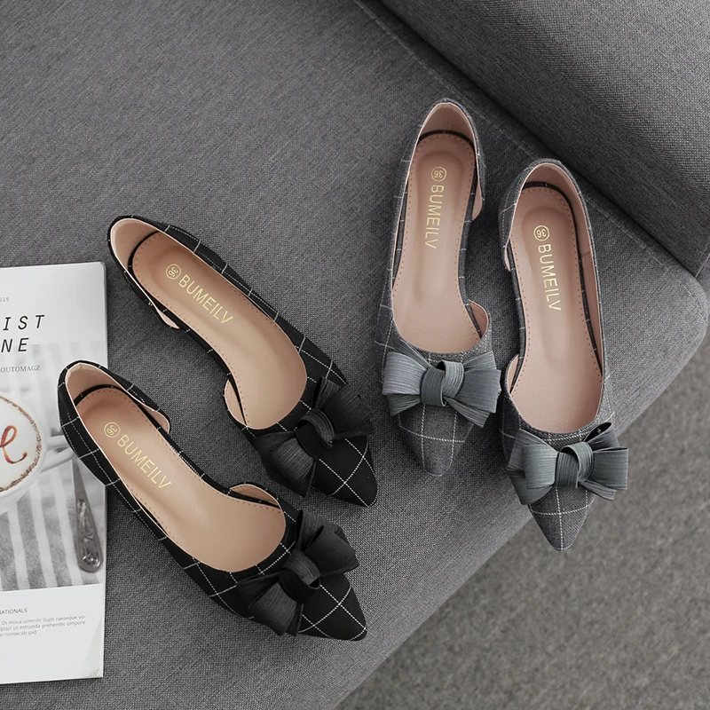 Women Flat Heel Shoes Side Empty Bowknot Lady Flats Plaid Black Gray Pointed Toe 31-45 Spring Summer Shoes All Match Soft Sole