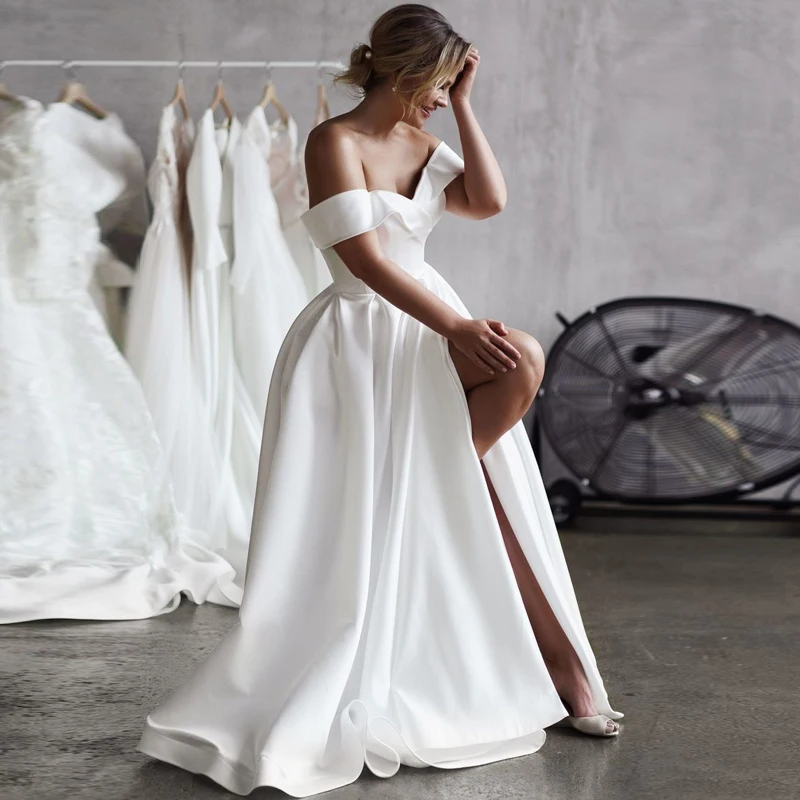 Vestido de noiva simples de cetim, vestido de casamento com fenda branco marfim champanhe cetim elegante de princesa personalizado