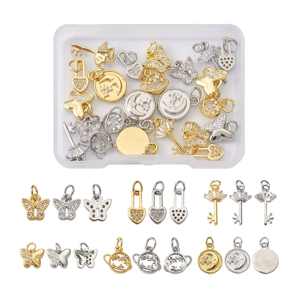 24 Pcs 12 Styles Fashion Cubic Zirconia Jewelry Butterfly Heart Lock Key Vintage Brass Pendants For DIY Jewelry Necklace Making